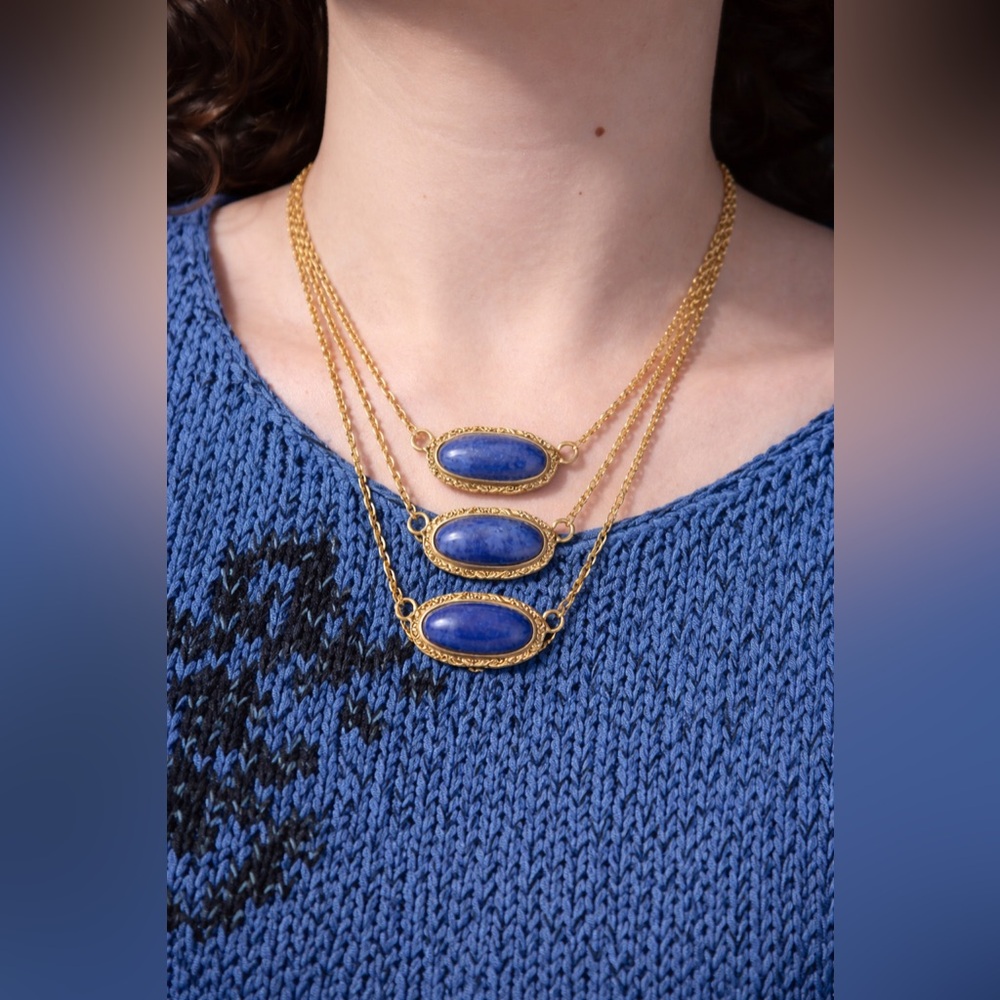 90s 00s Gold & Sodalite-style blue gemstone Necklace 3 in 1 layered. - Picture 2 of 7